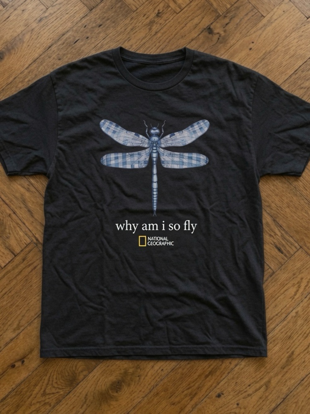 Gildan Black Tee with Blue Plaid Dragonfly Graphic